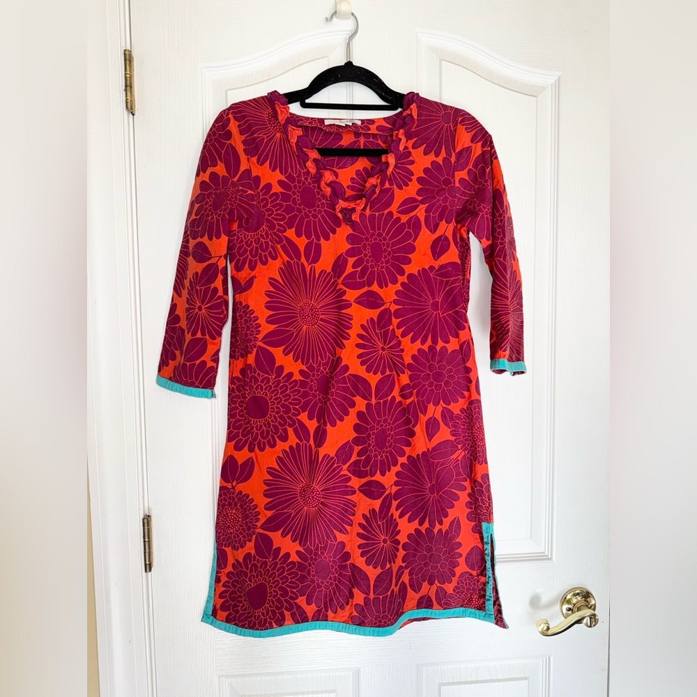 Boden Orange and Purple Floral Long Sleeve Dress With Ruffle Collar Sz 6